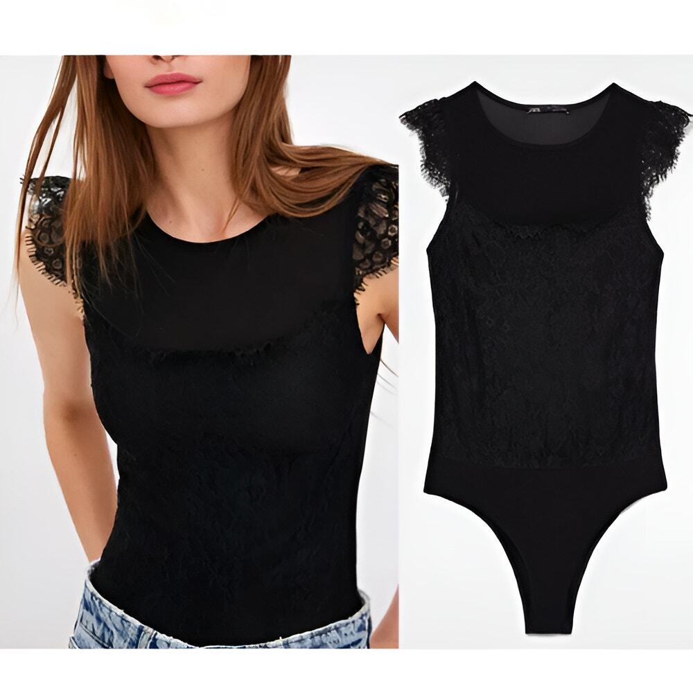 Zara Womens Whimsigoth Dark Fairycore Eyelash Lace Stretch Bodysuit Size S Black